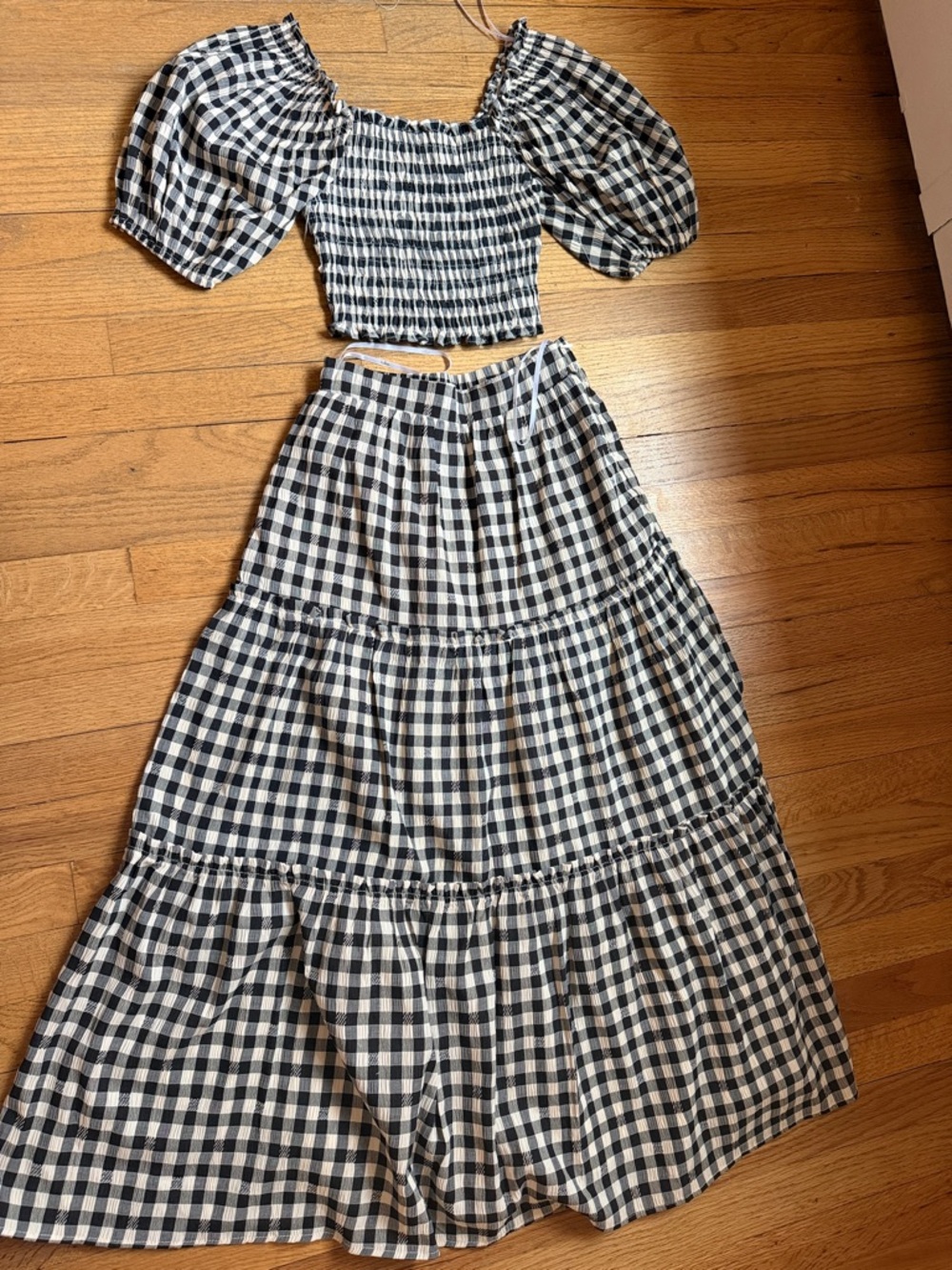 Sweet Together Black and Ivory Gingham Tiered Midi Skirt & Blouse TWO PIECE SET - Picture 8 of 10